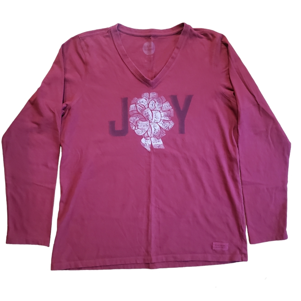Life Is Good JOY Holiday Long Sleeve V-Neck Bow Ribbon Maroon L